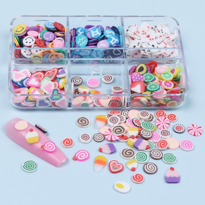 6 rács/szett Romantikus 3D Love Nail Art dekoráció Pehely polimer agyag szeletelt manikűr ékszer-kiegészítő készlet barkács zselés körmökhöz