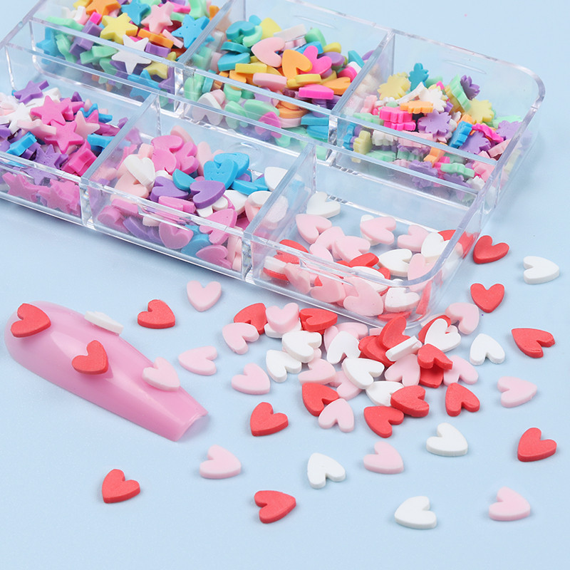 6 rács/szett Romantikus 3D Love Nail Art dekoráció Pehely polimer agyag szeletelt manikűr ékszer-kiegészítő készlet barkács zselés körmökhöz
