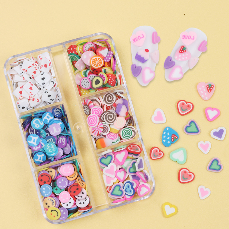 6 rács/szett Romantikus 3D Love Nail Art dekoráció Pehely polimer agyag szeletelt manikűr ékszer-kiegészítő készlet barkács zselés körmökhöz