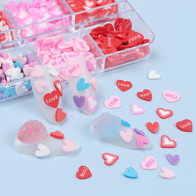 6 rács/szett Romantikus 3D Love Nail Art dekoráció Pehely polimer agyag szeletelt manikűr ékszer-kiegészítő készlet barkács zselés körmökhöz