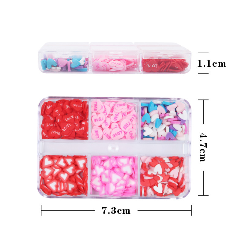 6 rács/szett Romantikus 3D Love Nail Art dekoráció Pehely polimer agyag szeletelt manikűr ékszer-kiegészítő készlet barkács zselés körmökhöz
