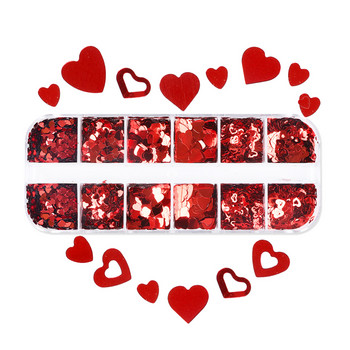 12 решетки със смесени форми Свети Валентин Пайети за нокти Червено любовно сърце Блестящи люспи Дизайн за маникюр Аксесоари за декорация на нокти