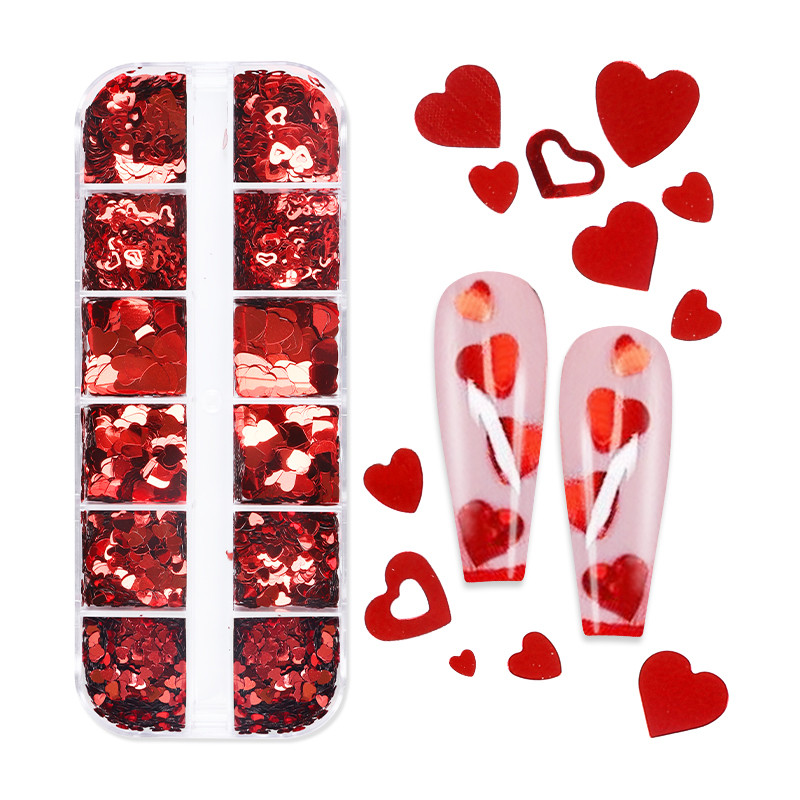 12 rács vegyes formájú Valentin-napi köröm flitterek piros szerelem szív csillogó pelyhek manikűr design körömdíszítési kiegészítők