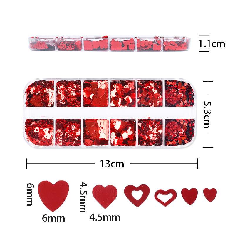 12 rács vegyes formájú Valentin-napi köröm flitterek piros szerelem szív csillogó pelyhek manikűr design körömdíszítési kiegészítők