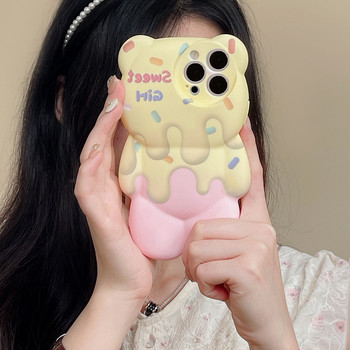3D сладък калъф за телефон с топяща се мечка за сладолед за iPhone 14 13 Pro Max 13 12 11 Pro X XR XS Max Силиконов защитен, удароустойчив калъф