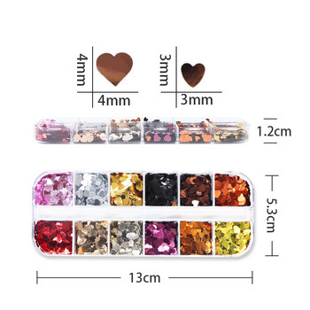 12 Grids Mixed Size Valentines Love Heart Nail πούλιες Rose Gold Glitter Flakes Σχέδιο μανικιούρ Αξεσουάρ διακόσμησης νυχιών τέχνης