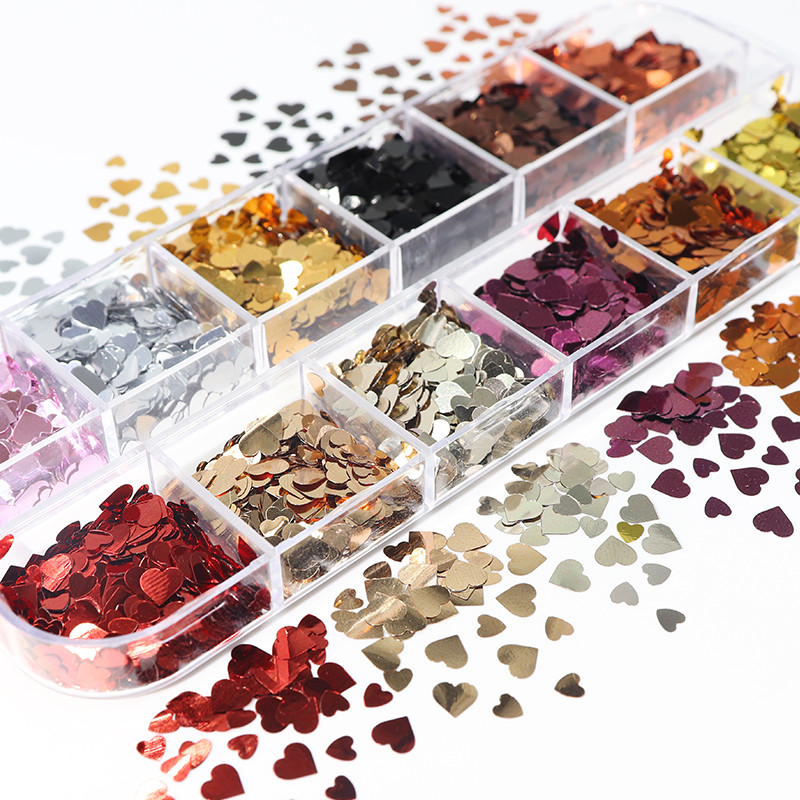 12 mreža Mješovite veličine Valentinovo Ljubavno srce Šljokice za nokte Ružičasto zlato Svjetlucave ljuskice Dizajn za manikuru Dodaci za ukrašavanje noktiju