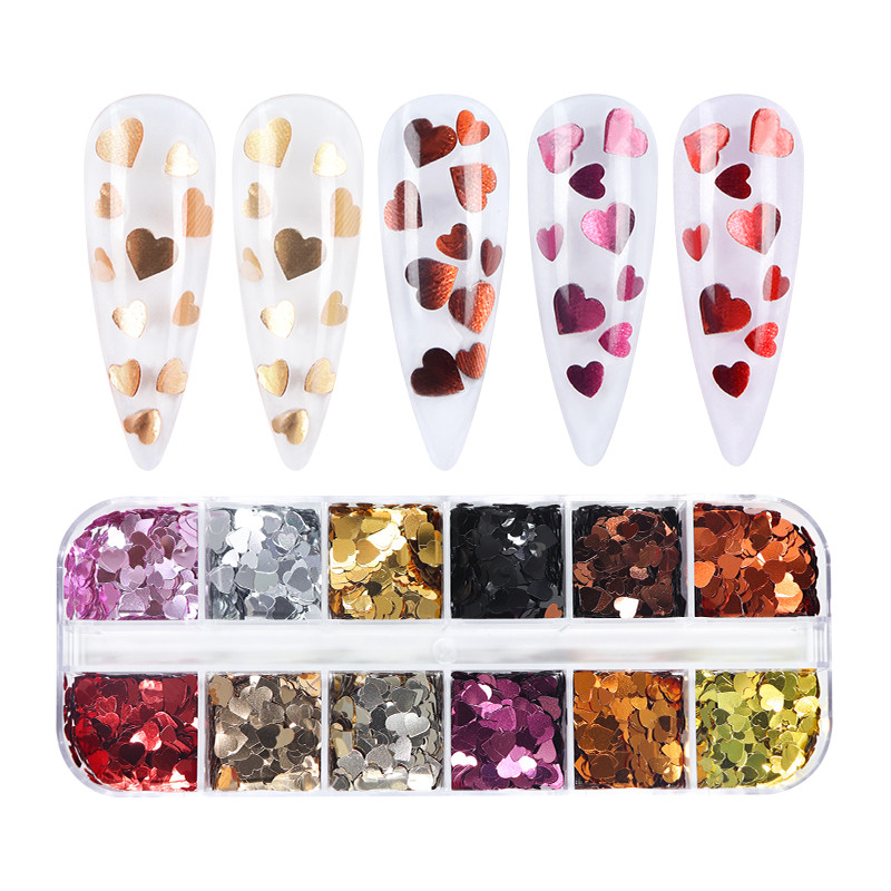 12 mreža Mješovite veličine Valentinovo Ljubavno srce Šljokice za nokte Ružičasto zlato Svjetlucave ljuskice Dizajn za manikuru Dodaci za ukrašavanje noktiju
