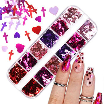 12 πλέγματα Pink Red Cross Nail Art Glitter Sequins Shiny Love Heart Shapes Flakes for Nail UV Polish Dicoration αξεσουάρ