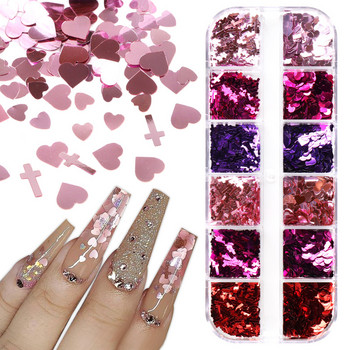 12 πλέγματα Pink Red Cross Nail Art Glitter Sequins Shiny Love Heart Shapes Flakes for Nail UV Polish Dicoration αξεσουάρ
