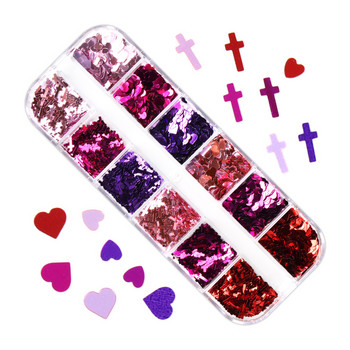 12 решетки Розов Червен кръст Nail Art Блестящи пайети Блестящи любовни форми на сърце Люспи за нокти Аксесоари за UV лак за декорация