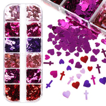 12 πλέγματα Pink Red Cross Nail Art Glitter Sequins Shiny Love Heart Shapes Flakes for Nail UV Polish Dicoration αξεσουάρ