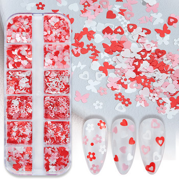 12 решетки Розови бели пеперуди Цветя Пайети за нокти Червено любовно сърце Блестящи люспи Дизайн на Свети Валентин Аксесоари за декорация на нокти