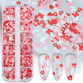 12 Grid Pink White Butterfly Flowers Παγιέτες νυχιών Red Love Heart Glitter Flakes Σχέδιο Αγίου Βαλεντίνου Αξεσουάρ διακόσμησης νυχιών τέχνης