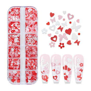 12 Grid Pink White Butterfly Flowers Παγιέτες νυχιών Red Love Heart Glitter Flakes Σχέδιο Αγίου Βαλεντίνου Αξεσουάρ διακόσμησης νυχιών τέχνης