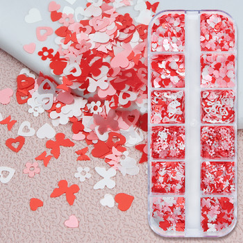 12 решетки Розови бели пеперуди Цветя Пайети за нокти Червено любовно сърце Блестящи люспи Дизайн на Свети Валентин Аксесоари за декорация на нокти