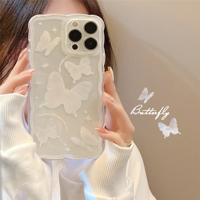 INS White Butterfly Flower Clear Case Phone For iPhone 13 11 12 Pro Max X XR XS Max 14 Plus Wavy Edge Cute Cartoon Cover Silicon