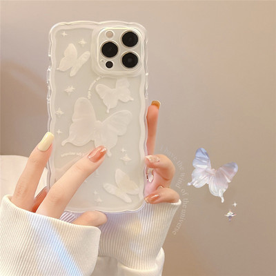INS White Butterfly Flower Clear Case Phone For iPhone 13 11 12 Pro Max X XR XS Max 14 Plus Wavy Edge Cute Cartoon Cover Silicon