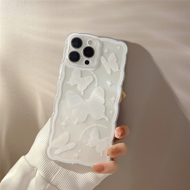 INS White Butterfly Flower Clear Case Phone For iPhone 13 11 12 Pro Max X XR XS Max 14 Plus Wavy Edge Cute Cartoon Cover Silicon