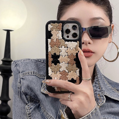 INS παζλ Lattice Stripe Λούτρινη θήκη τηλεφώνου για iPhone 14 13 12 11 Pro Max 14 Pro Max Plus Winter Aesthetic Μαλακό κάλυμμα