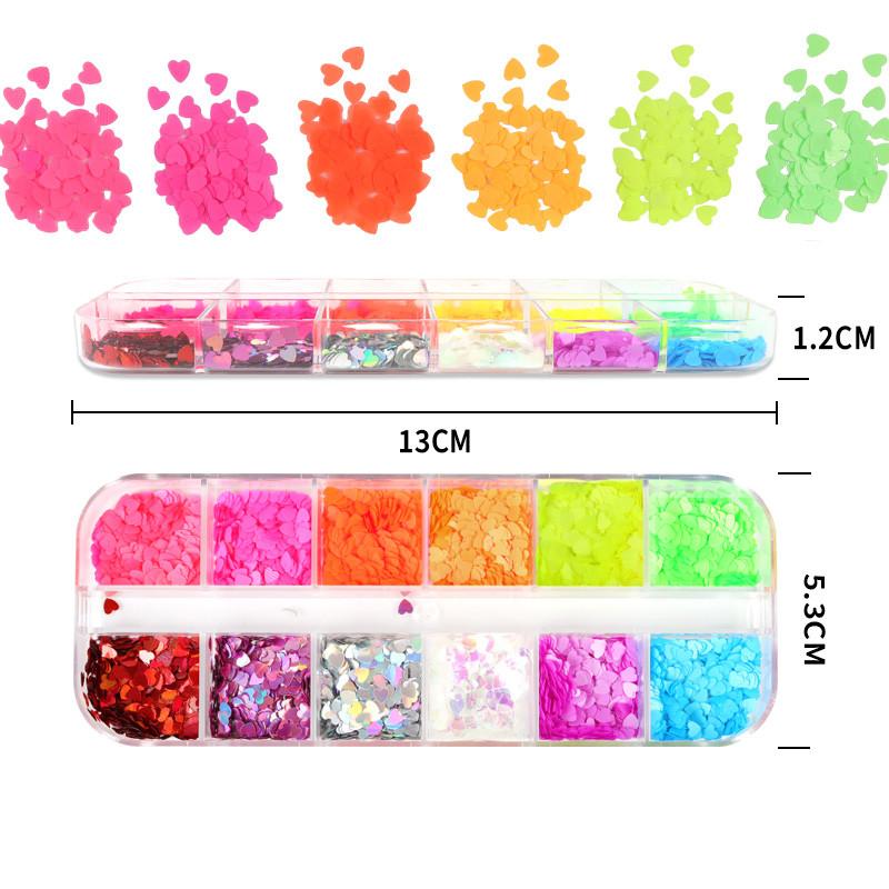 12Color Sweet Love Heart körömdíszítés flitter aranyos pelyhes dekoráció barkácsoláshoz varázslatokhoz Manikűr Design Alkatrészek Köröm Kiegészítők Kellékek