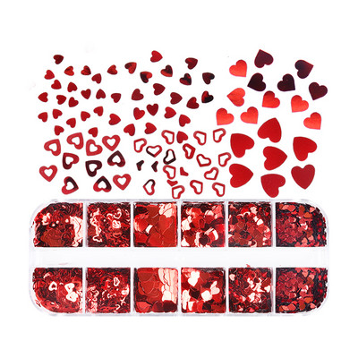 12 Színes/szett Love Heart köröm flitter Holo Glitter Flake Decor barkácsoláshoz Valentin nap manikűr Kiegészítők Köröm kellékek Profi