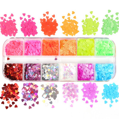 12 Színes/szett Love Heart köröm flitter Holo Glitter Flake Decor barkácsoláshoz Valentin nap manikűr Kiegészítők Köröm kellékek Profi