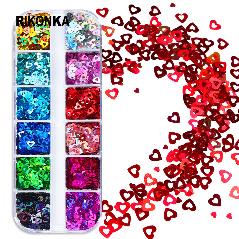 12 Színes/szett Love Heart köröm flitter Holo Glitter Flake Decor barkácsoláshoz Valentin nap manikűr Kiegészítők Köröm kellékek Profi