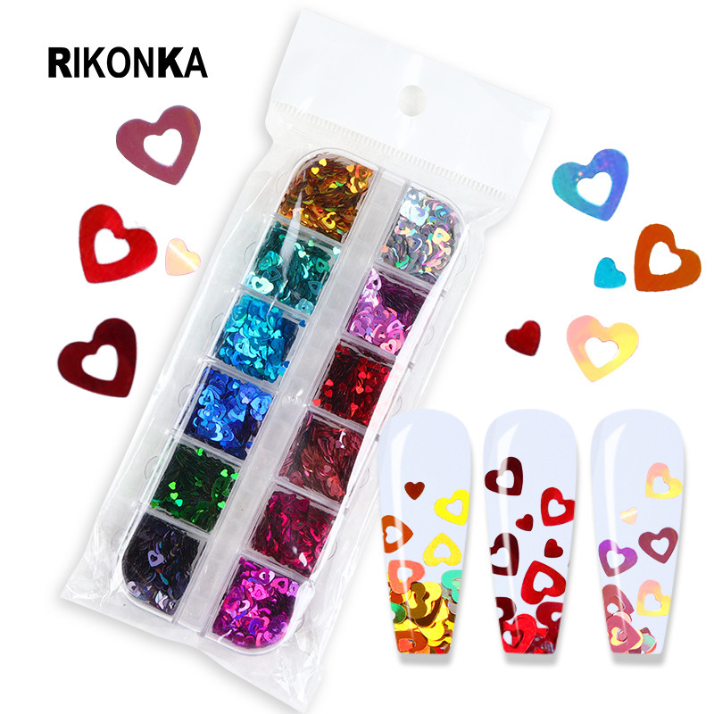 12 Színes/szett Love Heart köröm flitter Holo Glitter Flake Decor barkácsoláshoz Valentin nap manikűr Kiegészítők Köröm kellékek Profi