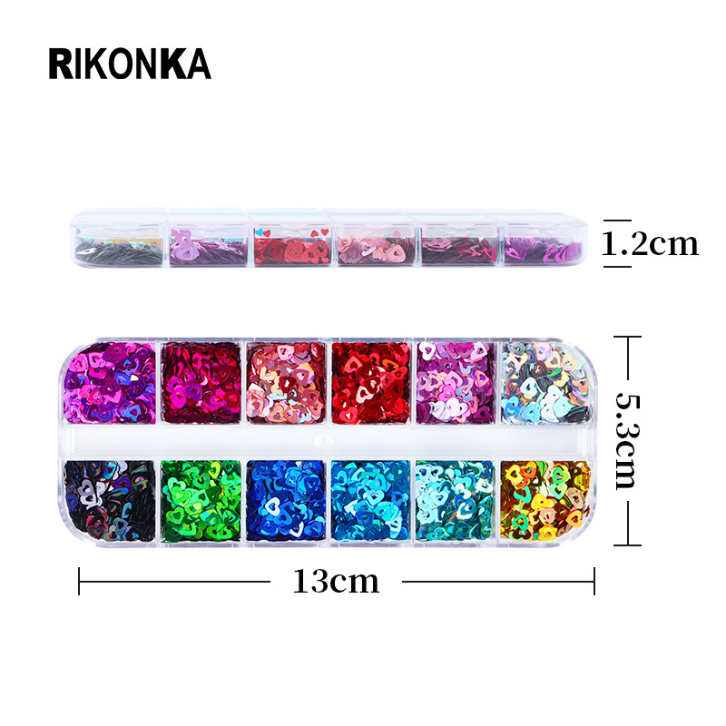 12 Színes/szett Love Heart köröm flitter Holo Glitter Flake Decor barkácsoláshoz Valentin nap manikűr Kiegészítők Köröm kellékek Profi