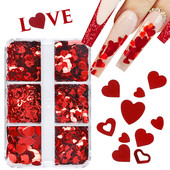 6 Grids Mixed Red Love Heart Nail Sequins Διακόσμηση Shiny Glitter Flakes Valentines Προμήθειες νυχιών για επαγγελματίες Αξεσουάρ