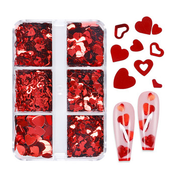 6 Grids Mixed Red Love Heart Nail Sequins Διακόσμηση Shiny Glitter Flakes Valentines Προμήθειες νυχιών για επαγγελματίες Αξεσουάρ