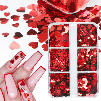 6 Grids Mixed Red Love Heart Nail Sequins Διακόσμηση Shiny Glitter Flakes Valentines Προμήθειες νυχιών για επαγγελματίες Αξεσουάρ