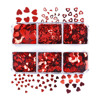 6 Grids Mixed Red Love Heart Nail Sequins Διακόσμηση Shiny Glitter Flakes Valentines Προμήθειες νυχιών για επαγγελματίες Αξεσουάρ