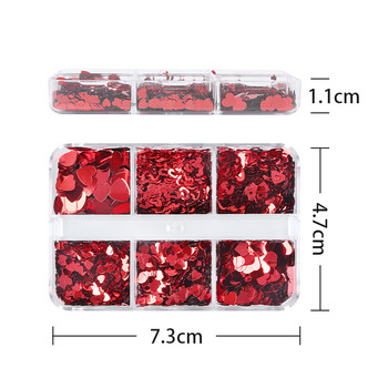 6 Grids Mixed Red Love Heart Nail Sequins Διακόσμηση Shiny Glitter Flakes Valentines Προμήθειες νυχιών για επαγγελματίες Αξεσουάρ