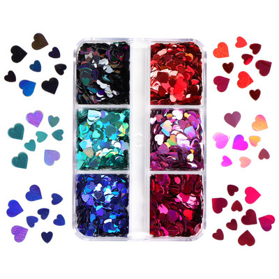 6 Grids Mixed Red Love Heart Nail Sequins Διακόσμηση Shiny Glitter Flakes Valentines Προμήθειες νυχιών για επαγγελματίες Αξεσουάρ