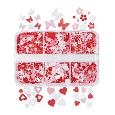 6 Grids Mixed Red Love Heart Nail Sequins Διακόσμηση Shiny Glitter Flakes Valentines Προμήθειες νυχιών για επαγγελματίες Αξεσουάρ