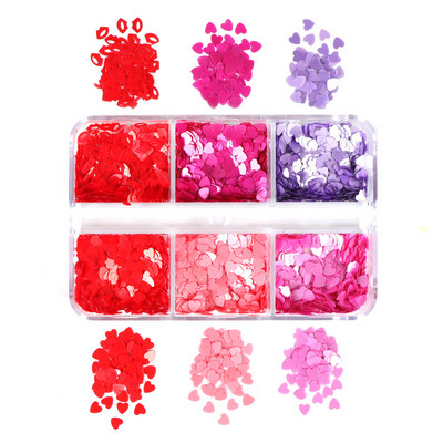6 Grids Mixed Red Love Heart Nail Sequins Διακόσμηση Shiny Glitter Flakes Valentines Προμήθειες νυχιών για επαγγελματίες Αξεσουάρ