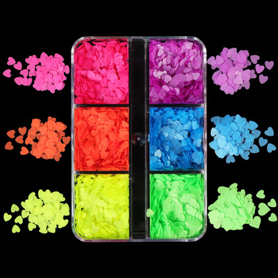 6 Grids Mixed Red Love Heart Nail Sequins Διακόσμηση Shiny Glitter Flakes Valentines Προμήθειες νυχιών για επαγγελματίες Αξεσουάρ