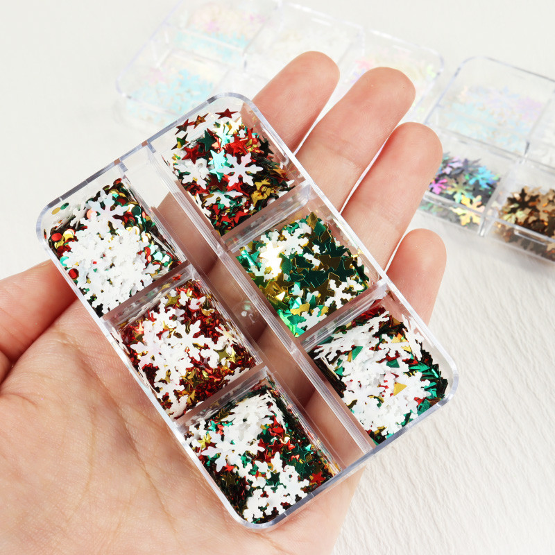 6 tinkleliai Holografinė balta snaigė žiemos nagų dailės blizgučiai Kalėdų nagų dizainas Profesionalūs reikmenys Priedai