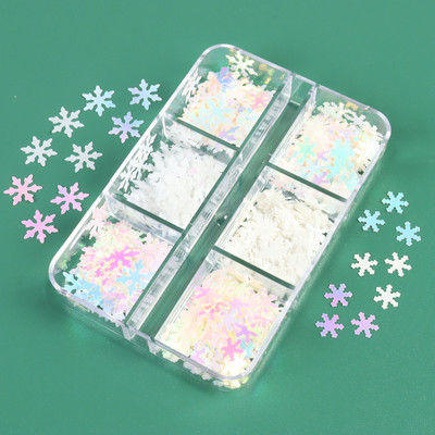 6 Grids White Christmas Snowflake Nail Glitter Sequins Διακόσμηση Ολογραφική νιφάδα χιονιού DIY Χειμερινό μανικιούρ Χριστουγεννιάτικα αξεσουάρ