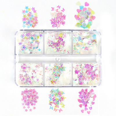 6 Grids White Christmas Snowflake Nail Glitter Sequins Διακόσμηση Ολογραφική νιφάδα χιονιού DIY Χειμερινό μανικιούρ Χριστουγεννιάτικα αξεσουάρ