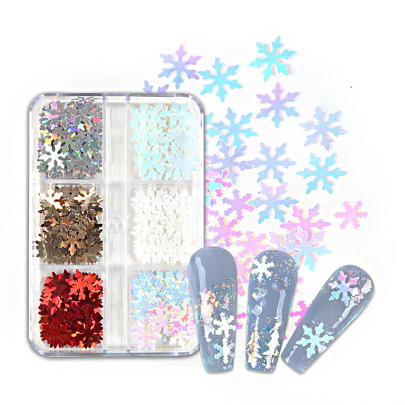 6 Grids White Christmas Snowflake Nail Glitter Sequins Διακόσμηση Ολογραφική νιφάδα χιονιού DIY Χειμερινό μανικιούρ Χριστουγεννιάτικα αξεσουάρ