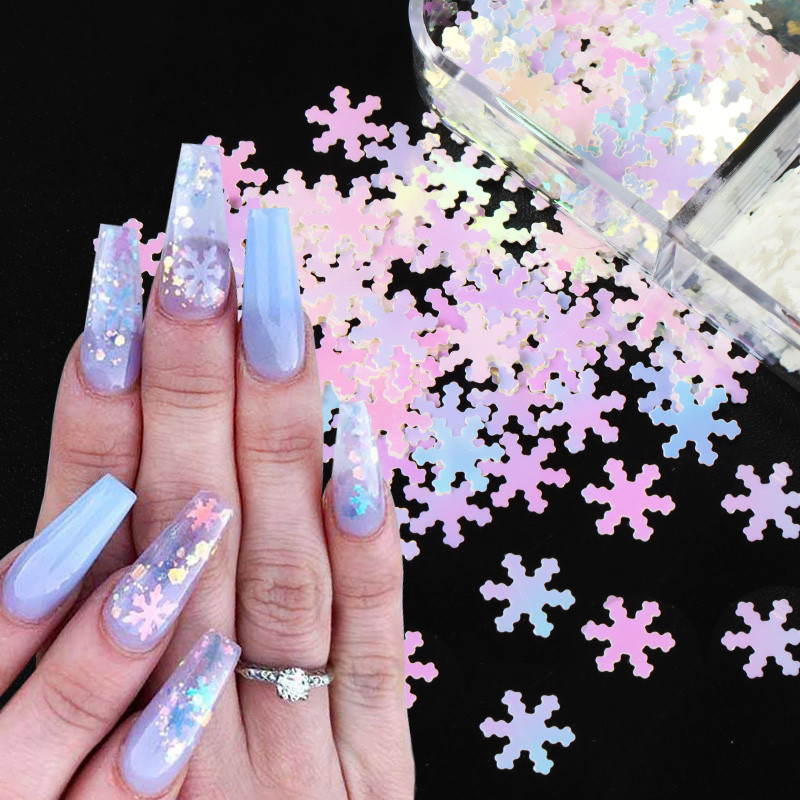 6 Grids White Christmas Snowflake Nail Glitter Sequins Διακόσμηση Ολογραφική νιφάδα χιονιού DIY Χειμερινό μανικιούρ Χριστουγεννιάτικα αξεσουάρ