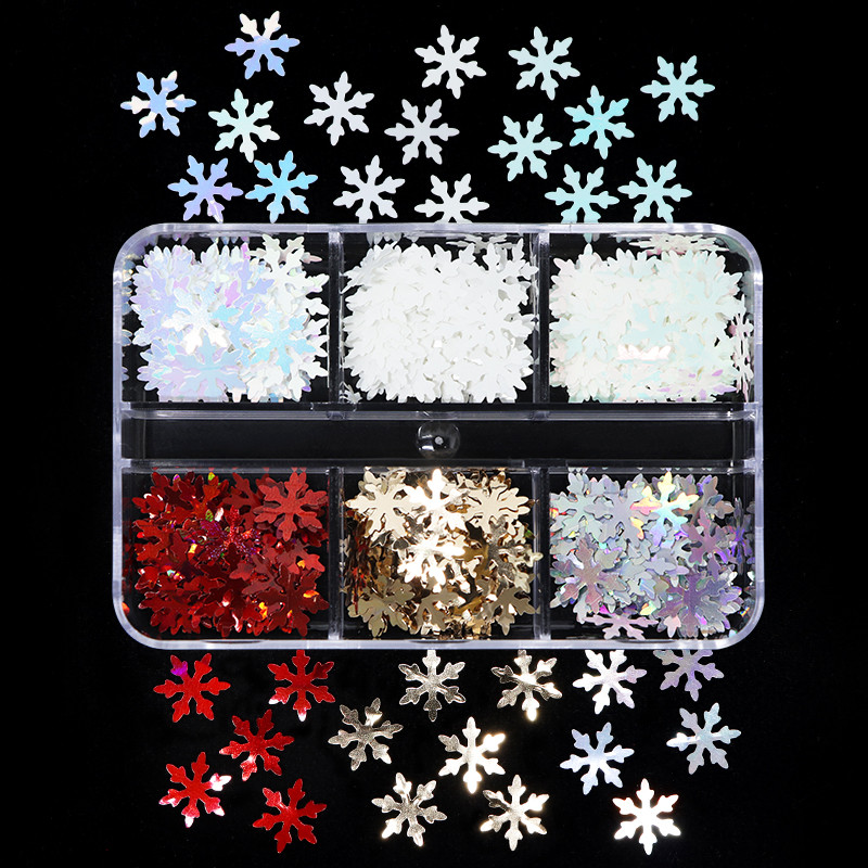 6 Grids White Christmas Snowflake Nail Glitter Sequins Διακόσμηση Ολογραφική νιφάδα χιονιού DIY Χειμερινό μανικιούρ Χριστουγεννιάτικα αξεσουάρ