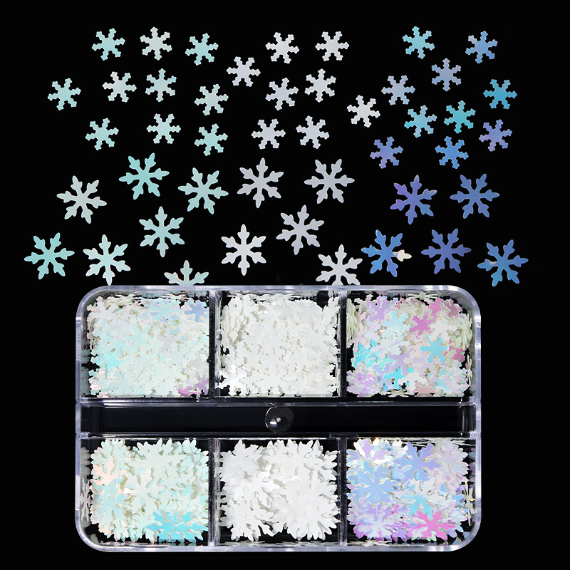 6 Grids White Christmas Snowflake Nail Glitter Sequins Διακόσμηση Ολογραφική νιφάδα χιονιού DIY Χειμερινό μανικιούρ Χριστουγεννιάτικα αξεσουάρ