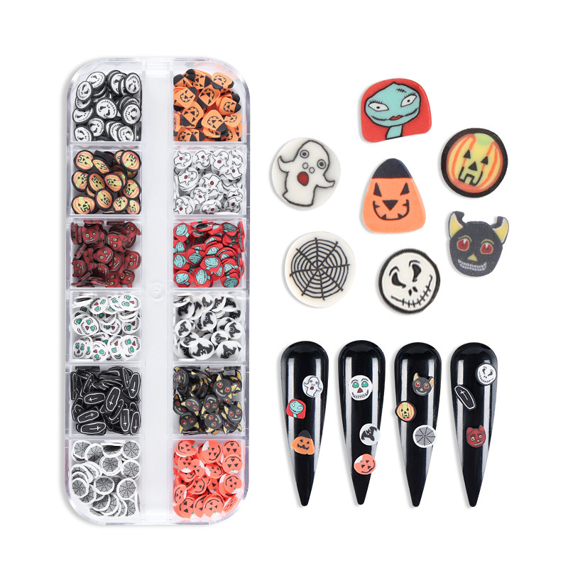 12 rács Halloween polimer agyag szelet díszítések sütőtök boszorkány szellem csontvázak csillogó pelyhek ünnepi köröm kellékek kiegészítők