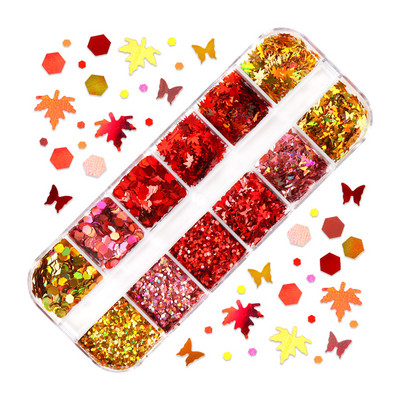 12 πλέγματα Μεταλλικές πούλιες νυχιών από φύλλα σφενδάμου Πεσμένα φύλλα Παγιέτα Διακοσμητικά Κιτ DIY Σχέδιο μανικιούρ Φθινοπωρινά αξεσουάρ νυχιών