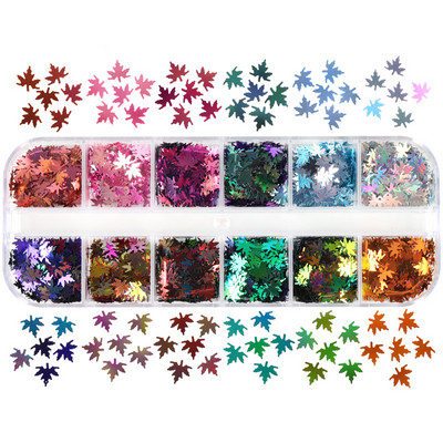 12 tinklelių Chameleono klevo lapų nagų blizgučiai Holografiniai oranžiniai kritimo lapai dribsniai „pasidaryk pats“ rudens nagų reikmenys Priedai