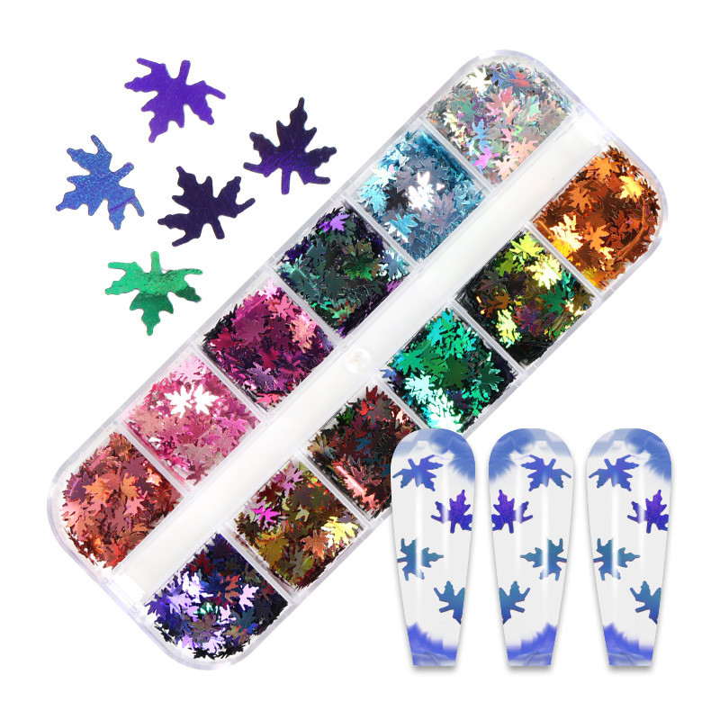 12 tinklelių Chameleono klevo lapų nagų blizgučiai Holografiniai oranžiniai kritimo lapai dribsniai „pasidaryk pats“ rudens nagų reikmenys Priedai